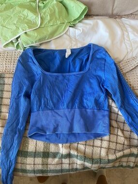 Aerie Blue Ribbed Square-Neck Long Sleeve Crop Top